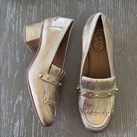 Franco Sarto Gold Block Heel Loafers Fringe Studs Embellished Shoes Size 6.5 EUC - Picture 12 of 12